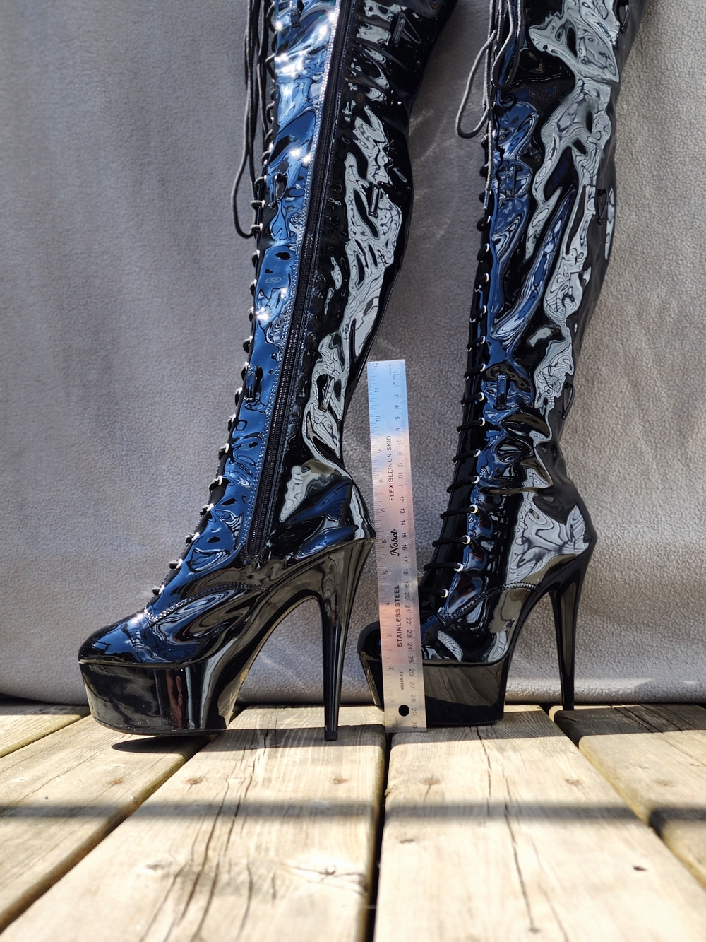 Patent Over-the-Knee Lace-Up Boots in Black - Picture 3 of 7